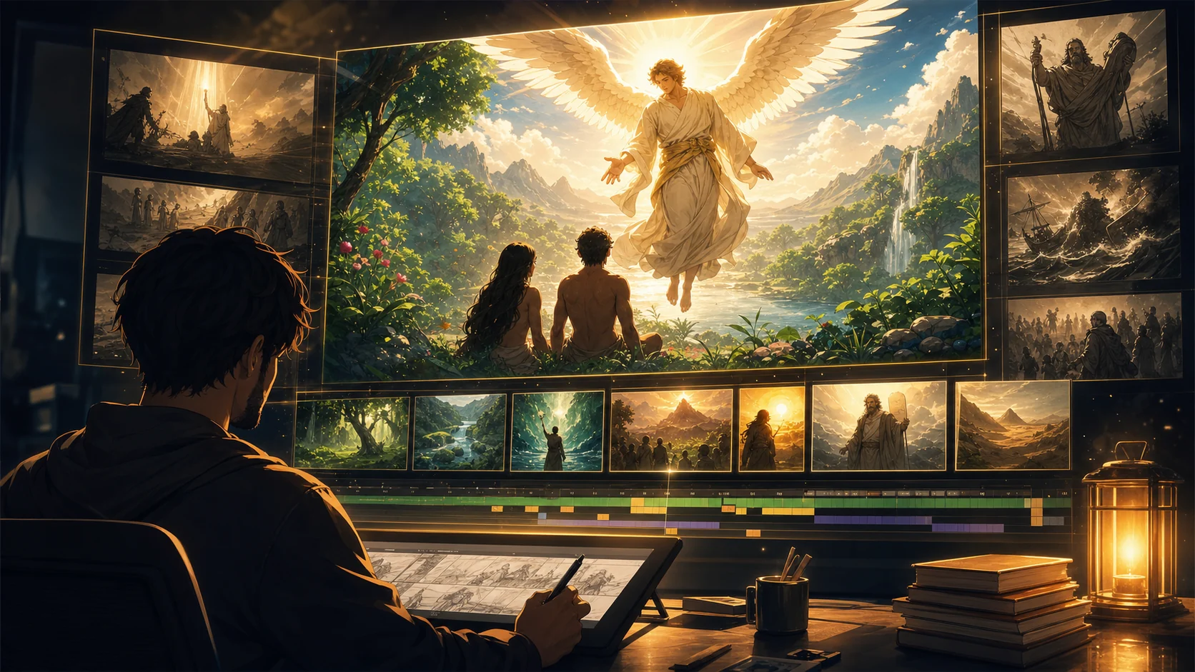Produção de vídeo bíblico em estilo anime com cenas, timeline e direção visual por IA