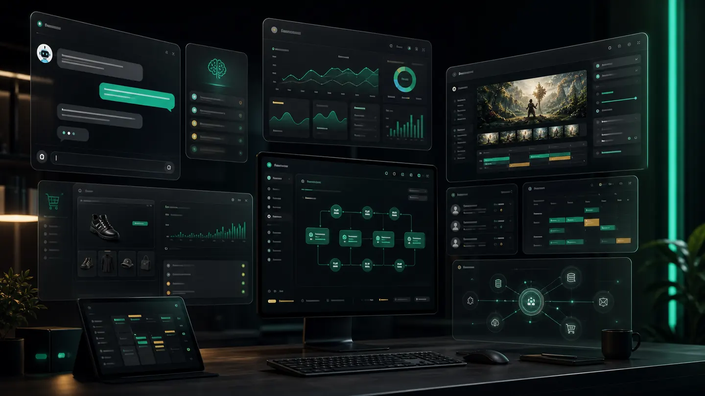 Interfaces de produtos digitais, automações, assistentes de IA e sistemas integrados